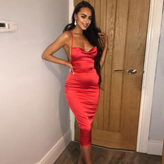 Neon Satin Lace Up 2020 Zomer Vrouwen Bodycon Lange Midi Jurk Mouwloos Backless Elegante Partij Outfits Sexy Club Kleding Vestido