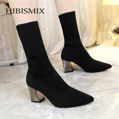 HIBISMIX Women Black Ankle Sock Boots 2020 Fashion Spring Autumn Stretch Boots Chunky High Heels Pointed Toe Women Shoes 1218