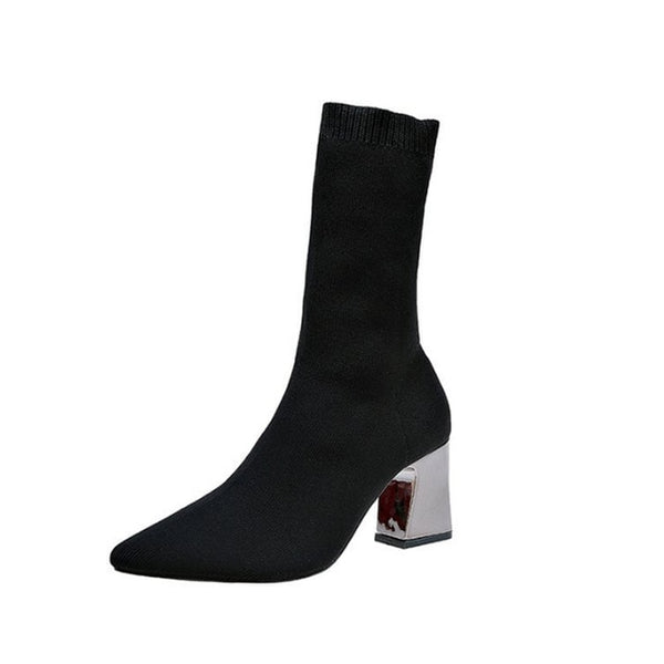 HIBISMIX Women Black Ankle Sock Boots 2020 Fashion Spring Autumn Stretch Boots Chunky High Heels Pointed Toe Women Shoes 1218