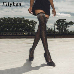 Eilyken 2020 Fashion Runway Crystal Stretch Fabric Sock Boots Pointy Toe Over-the-Knee Heel Thigh High Pointed Toe Woman Boot