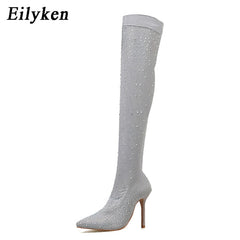 Eilyken 2020 Fashion Runway Crystal Stretch Fabric Sock Boots Pointy Toe Over-the-Knee Heel Thigh High Pointed Toe Woman Boot