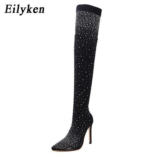 Eilyken 2020 Fashion Runway Crystal Stretch Fabric Sock Boots Pointy Toe Over-the-Knee Heel Thigh High Pointed Toe Woman Boot