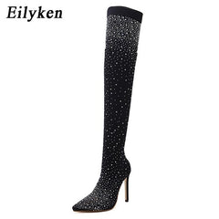 Eilyken 2020 Fashion Runway Crystal Stretch Fabric Sock Boots Pointy Toe Over-the-Knee Heel Thigh High Pointed Toe Woman Boot