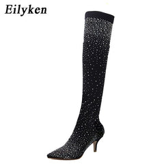 Eilyken 2020 Fashion Runway Crystal Stretch Fabric Sock Boots Pointy Toe Over-the-Knee Heel Thigh High Pointed Toe Woman Boot