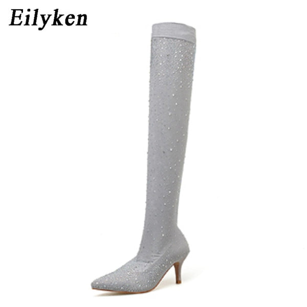 Eilyken 2020 Fashion Runway Crystal Stretch Fabric Sock Boots Pointy Toe Over-the-Knee Heel Thigh High Pointed Toe Woman Boot