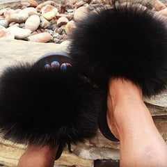 Hot Fur Slippers Women Fox Home Fluffy Sliders Comfort With Feathers Furry Summer Flats Sweet Ladies Shoes Size 45 Home Shoes
