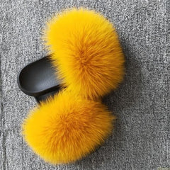 Hot Fur Slippers Women Fox Home Fluffy Sliders Comfort With Feathers Furry Summer Flats Sweet Ladies Shoes Size 45 Home Shoes