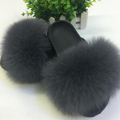 Hot Fur Slippers Women Fox Home Fluffy Sliders Comfort With Feathers Furry Summer Flats Sweet Ladies Shoes Size 45 Home Shoes