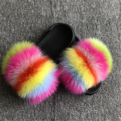 Hot Fur Slippers Women Fox Home Fluffy Sliders Comfort With Feathers Furry Summer Flats Sweet Ladies Shoes Size 45 Home Shoes