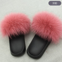 Hot Fur Slippers Women Fox Home Fluffy Sliders Comfort With Feathers Furry Summer Flats Sweet Ladies Shoes Size 45 Home Shoes