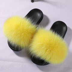 Hot Fur Slippers Women Fox Home Fluffy Sliders Comfort With Feathers Furry Summer Flats Sweet Ladies Shoes Size 45 Home Shoes