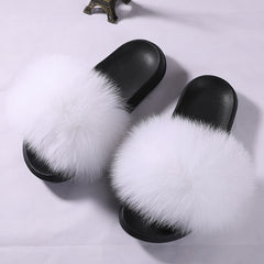 Hot Fur Slippers Women Fox Home Fluffy Sliders Comfort With Feathers Furry Summer Flats Sweet Ladies Shoes Size 45 Home Shoes