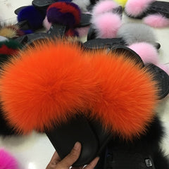 Hot Fur Slippers Women Fox Home Fluffy Sliders Comfort With Feathers Furry Summer Flats Sweet Ladies Shoes Size 45 Home Shoes