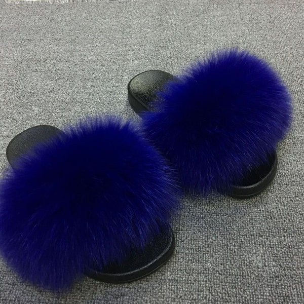Hot Fur Slippers Women Fox Home Fluffy Sliders Comfort With Feathers Furry Summer Flats Sweet Ladies Shoes Size 45 Home Shoes