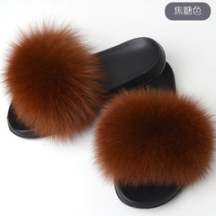 Hot Fur Slippers Women Fox Home Fluffy Sliders Comfort With Feathers Furry Summer Flats Sweet Ladies Shoes Size 45 Home Shoes