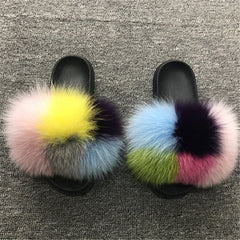Hot Fur Slippers Women Fox Home Fluffy Sliders Comfort With Feathers Furry Summer Flats Sweet Ladies Shoes Size 45 Home Shoes