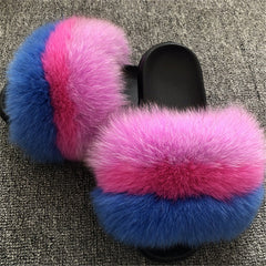 Hot Fur Slippers Women Fox Home Fluffy Sliders Comfort With Feathers Furry Summer Flats Sweet Ladies Shoes Size 45 Home Shoes