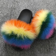 Hot Fur Slippers Women Fox Home Fluffy Sliders Comfort With Feathers Furry Summer Flats Sweet Ladies Shoes Size 45 Home Shoes