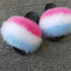 Hot Fur Slippers Women Fox Home Fluffy Sliders Comfort With Feathers Furry Summer Flats Sweet Ladies Shoes Size 45 Home Shoes