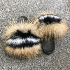 Hot Fur Slippers Women Fox Home Fluffy Sliders Comfort With Feathers Furry Summer Flats Sweet Ladies Shoes Size 45 Home Shoes