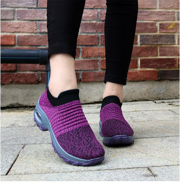 DAHOOD Women Running Walking Shoes Hot Autumn New Mesh Breathable Knit Ladies Mix Colors Sneakers Soft Platform Slip On Loafers
