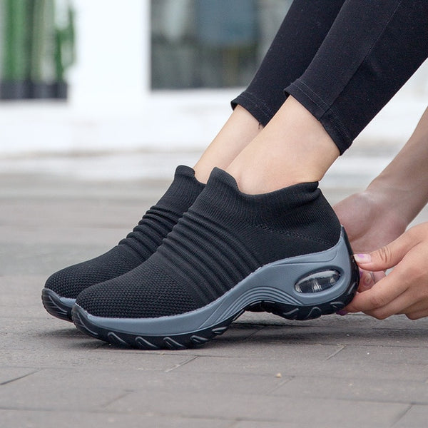 DAHOOD Women Running Walking Shoes Hot Autumn New Mesh Breathable Knit Ladies Mix Colors Sneakers Soft Platform Slip On Loafers
