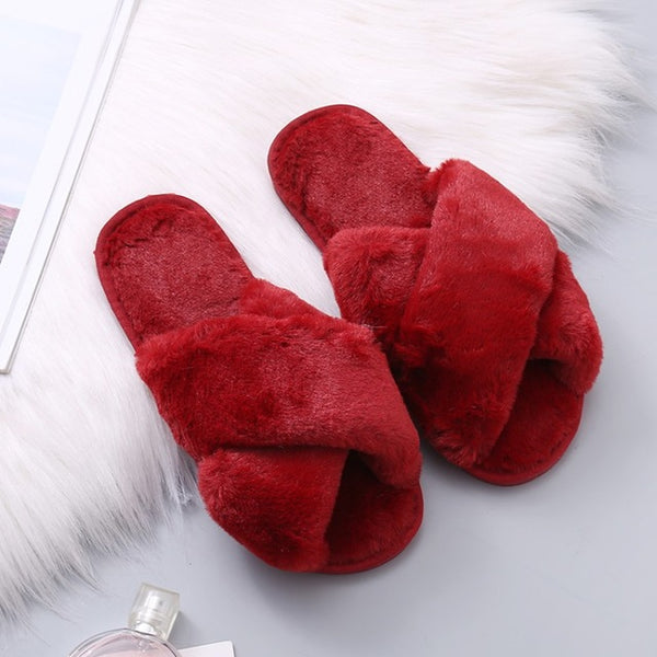 COOTELILI Winter Women Home Slippers with Faux Fur Fashion Warm Shoes Woman Slip on Flats Female Slides Black Pink Plus Size 41