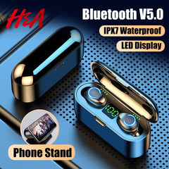 H & a mini tws bluetooth v5.0 fones de ouvido sem fio fones 9d esportes alta fidelidade à prova dwireless água sem fio fone de ouvido