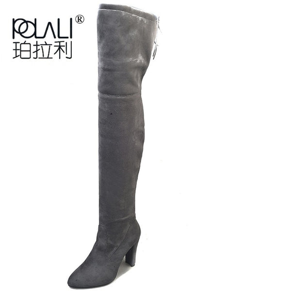 POLALI 2020 New Flock Leather Women Over The Knee Boots Lace Up Sexy High Heels Autumn Woman Shoes Winter Women Boots Size 34-43