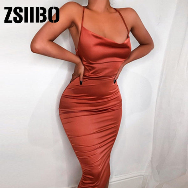 Neon Satin Lace Up 2020 Zomer Vrouwen Bodycon Lange Midi Jurk Mouwloos Backless Elegante Partij Outfits Sexy Club Kleding Vestido