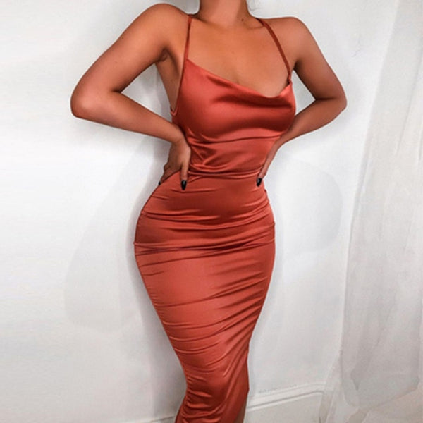 Neon Satin Lace Up 2020 Zomer Vrouwen Bodycon Lange Midi Jurk Mouwloos Backless Elegante Partij Outfits Sexy Club Kleding Vestido