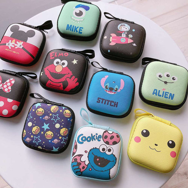 Cartoon Mini Zipper Hard Headphone Holder Case Portable Earbuds Pouch box Earphone Storage Bag Protective USB Cable Organizer